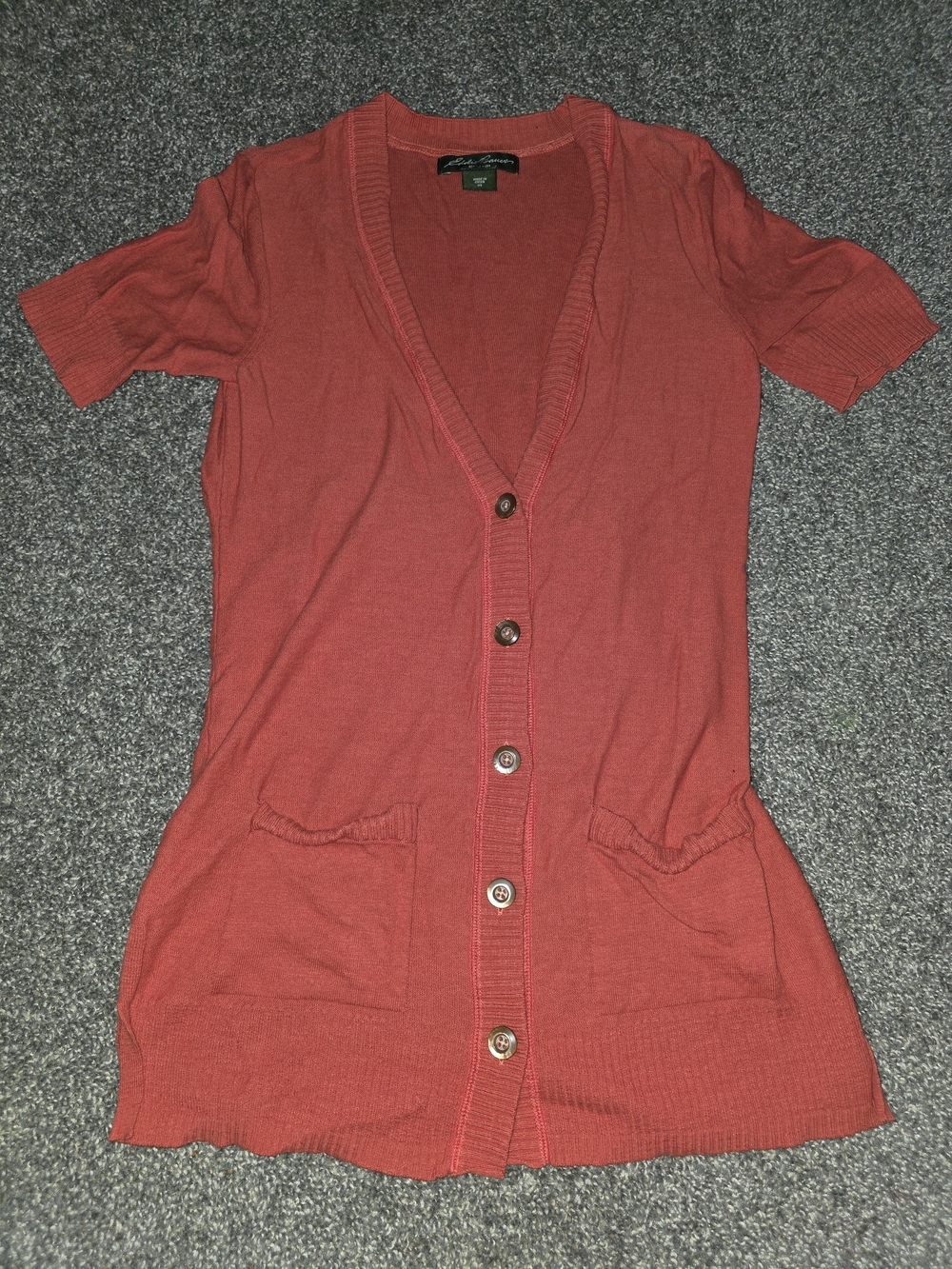 Eddie Bauer Short-Sleeve Button Cardigan in Coral Orange Red
